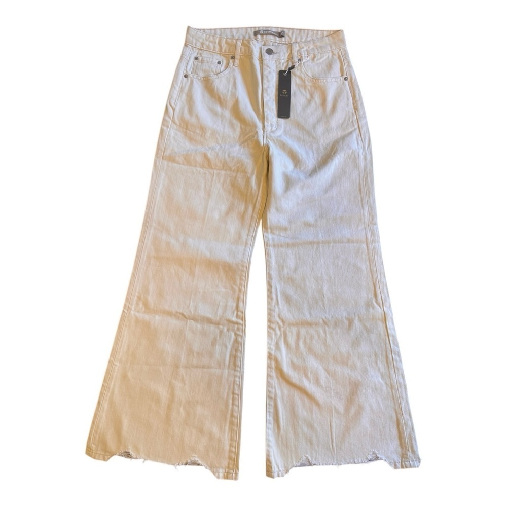 TRACTR Wide Leg Distressed Hem Denim Pants in Cream NWT - Picture 2 of 7